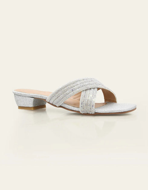 Celesta Silver Block Heels with Glitter Crossover Straps – Essence by Rubina